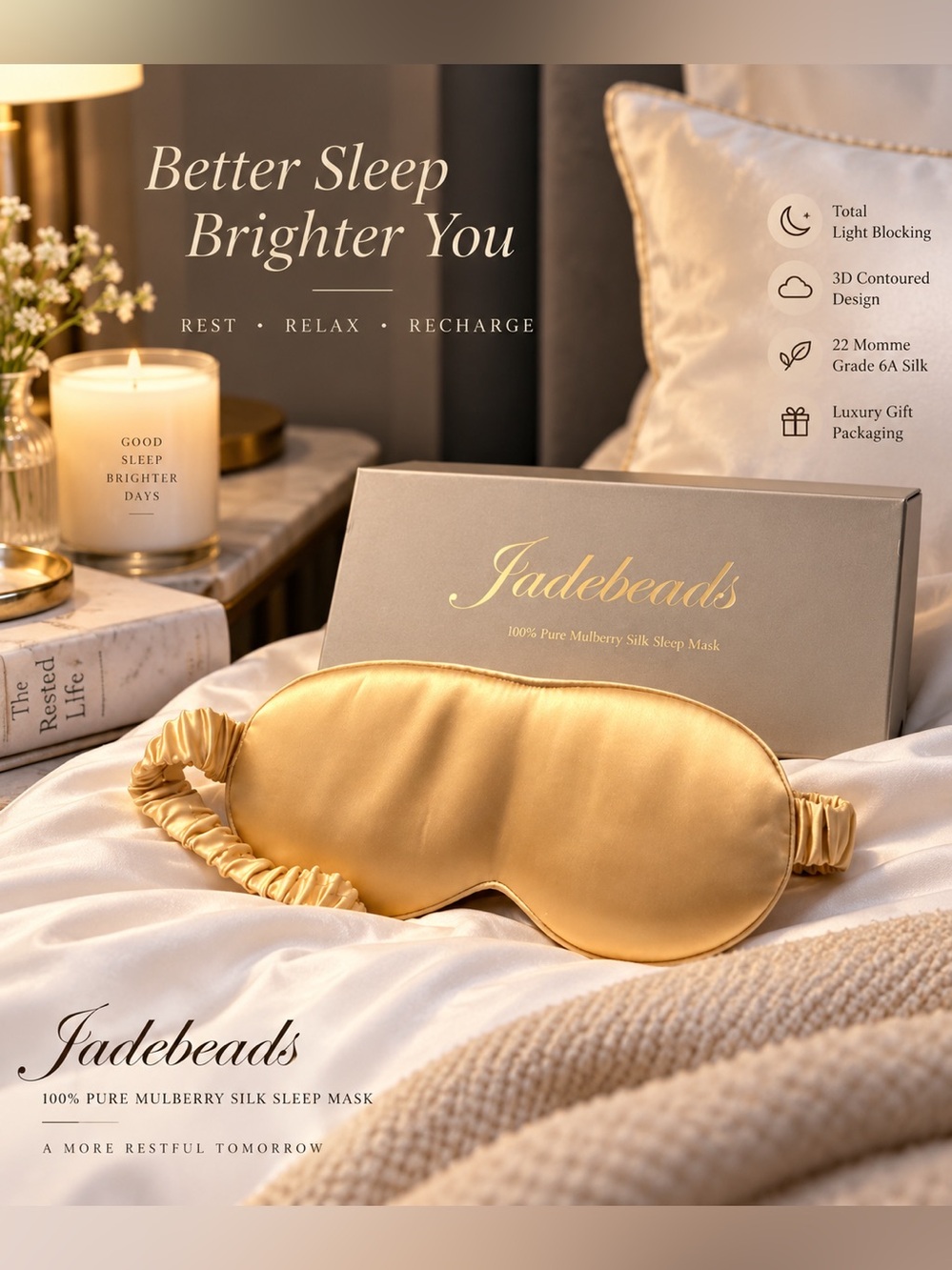 100% Mulberry Silk 3D Contoured New Sleep Eye Mask Champagne